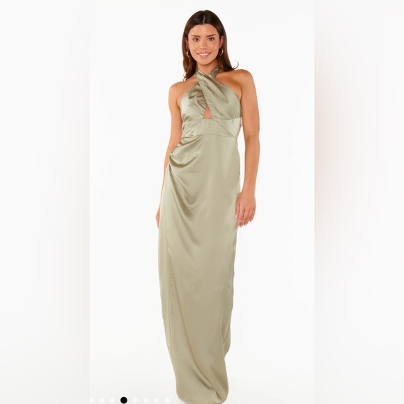 Show Me Your MuMu Dresses & Skirts - Show Me Your Mumu Adele Halter Maxi Dress Moss Green Luxe Satin Wedding Chic S